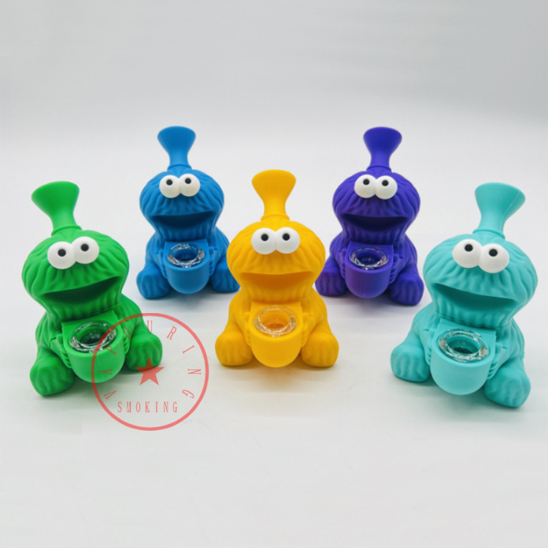 Nouveau style forme de grenouille coloré silicone pipes à fumer portable innovant voyage verre neuf trous filtre à écran porte-bol à tabac