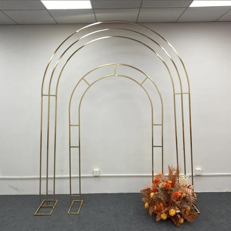 Arco de ferro dourado brilhante, haste dupla, decoração ao ar livre, prateleira, batismo, festa de aniversário, expositor, flor