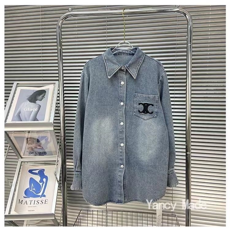 New design women's turn down collar loose long sleeve embroidery denim jeans blouse shirt SMLXL2024