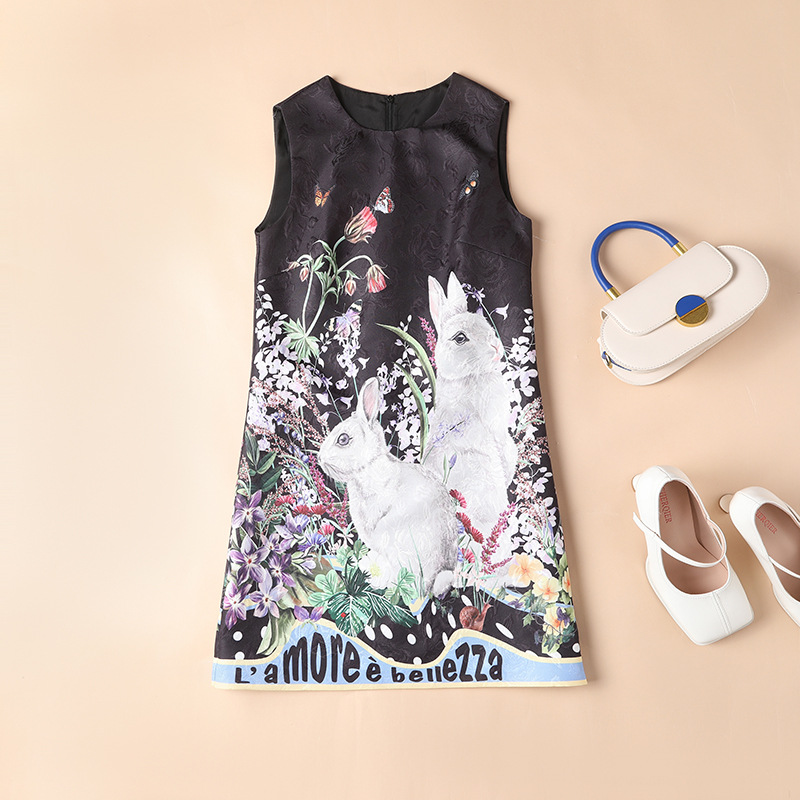 Runway-jurken voor dames O-hals mouwloos bedrukt Cartoon Dobby elegante modeontwerper A-lijn vestidos
