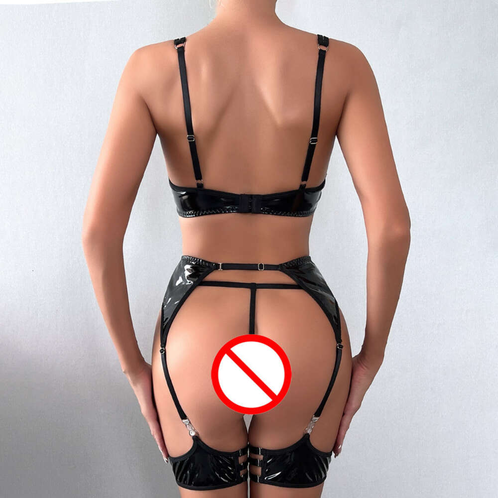 Sexy Lingerie Vrouwen Ondergoed Zwart Lederen Bh en Slipje Set Hol Latex Erotische Korte Sets Intimi Porno Kostuums