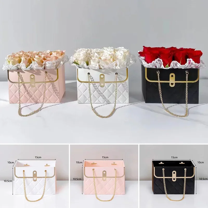 Flower Packaging Box Gift Bag With Chain Valentine's Day Wedding Supplies Flower Shop Rose Wrapping Paper Bag Portable Flower Container