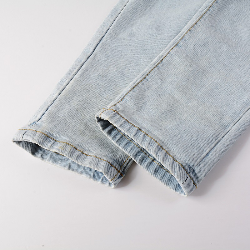 Jeans masculinos tendência de rua alta azul claro jeans desgastados com remendos masculinos, remendos de flores bordadas, ajuste fino