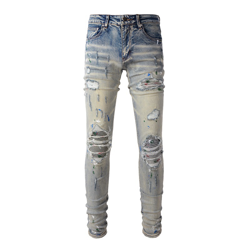 Jeans voor heren Europese en Amerikaanse high street versleten jeans met graffiti-patch met gespetterde inkt, elastische slim-fit legging