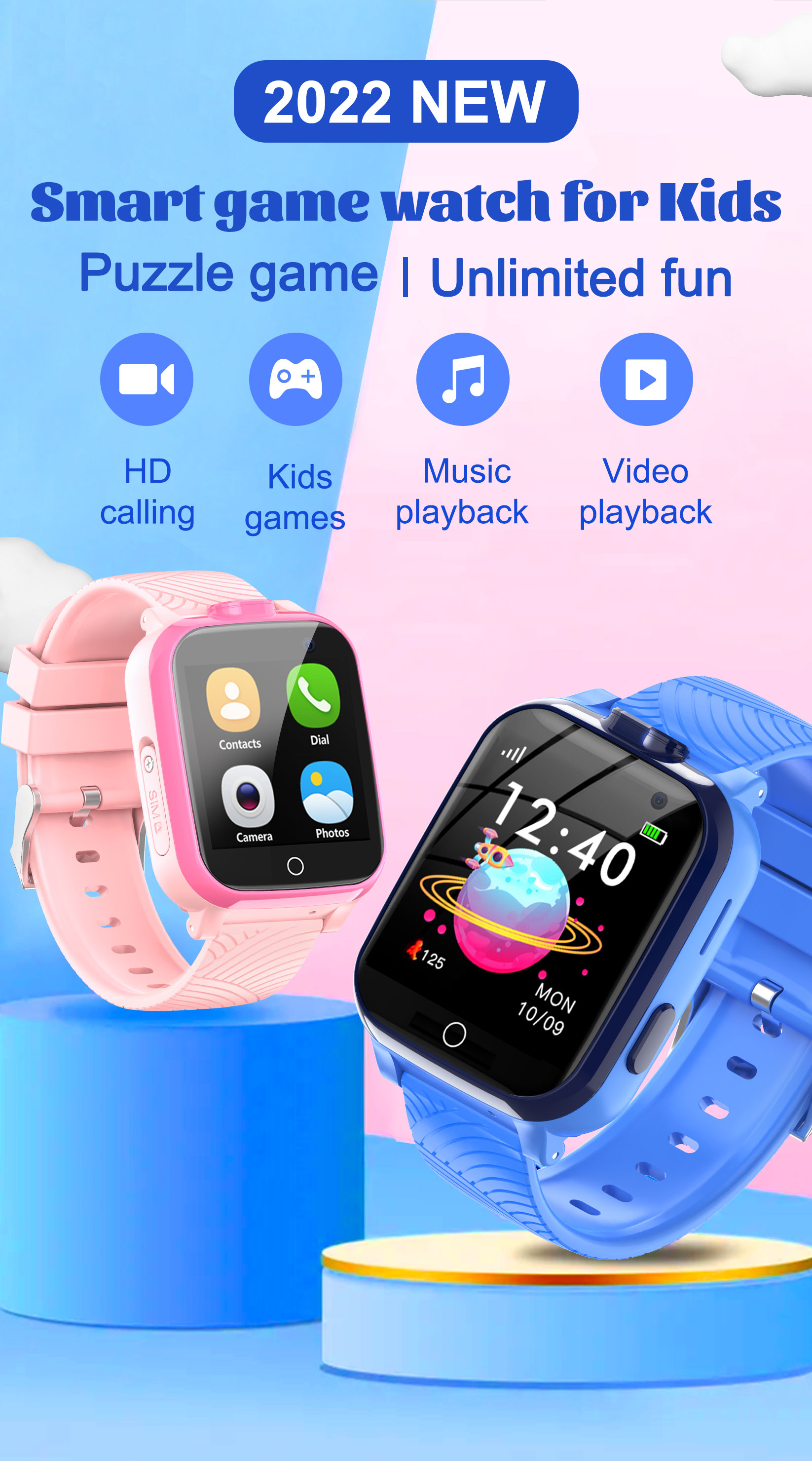 A6 kindersmartwatch, telefoonhorloge, SOS-oproeplocator, anti-verlies touchscreen smartwatch met 17 spellen, kinderhorloge cadeau voor jongens en meisjes van 3-12 jaar