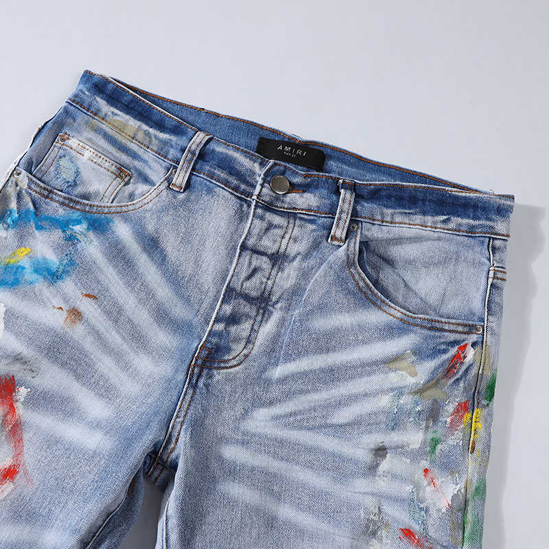 ontwerper amirssNieuwe blauwe jeans voor heren met verfgespikkelde mode-jeans