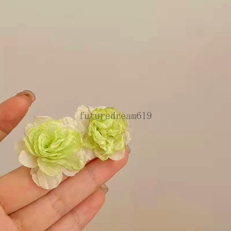 Orecchini a bottone di grandi dimensioni con fiori di stoffa sfumati verde rosa moda le donne Temperamento floreale Matrimonio Orecchini gioielli da sposa