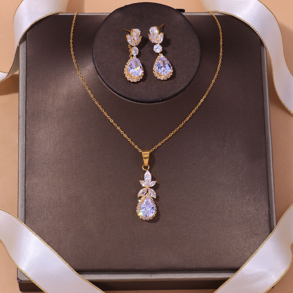 Luxe Kristallen Bruids Bruiloft Sieraden Set Sprankelende Waterdruppel Diamanten Hanger Ketting Oorbellen Sprankelende Vrouwen Sieraden Set Verlovingscadeau CL3021