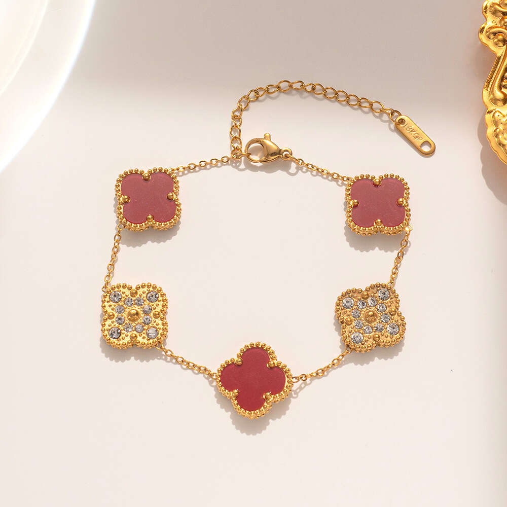 Pulseira de designer, pulseira de flor de quatro folhas com incrustação de diamante, colar galvanizado de ouro genuíno da moda no atacado