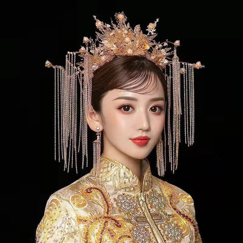 ヘッドウェアヘアアクセサリー花嫁のための中国の伝統的な結婚式セットハンフパールズタッセルティアラスクラウン女性ヴィンテージデコレーション231207