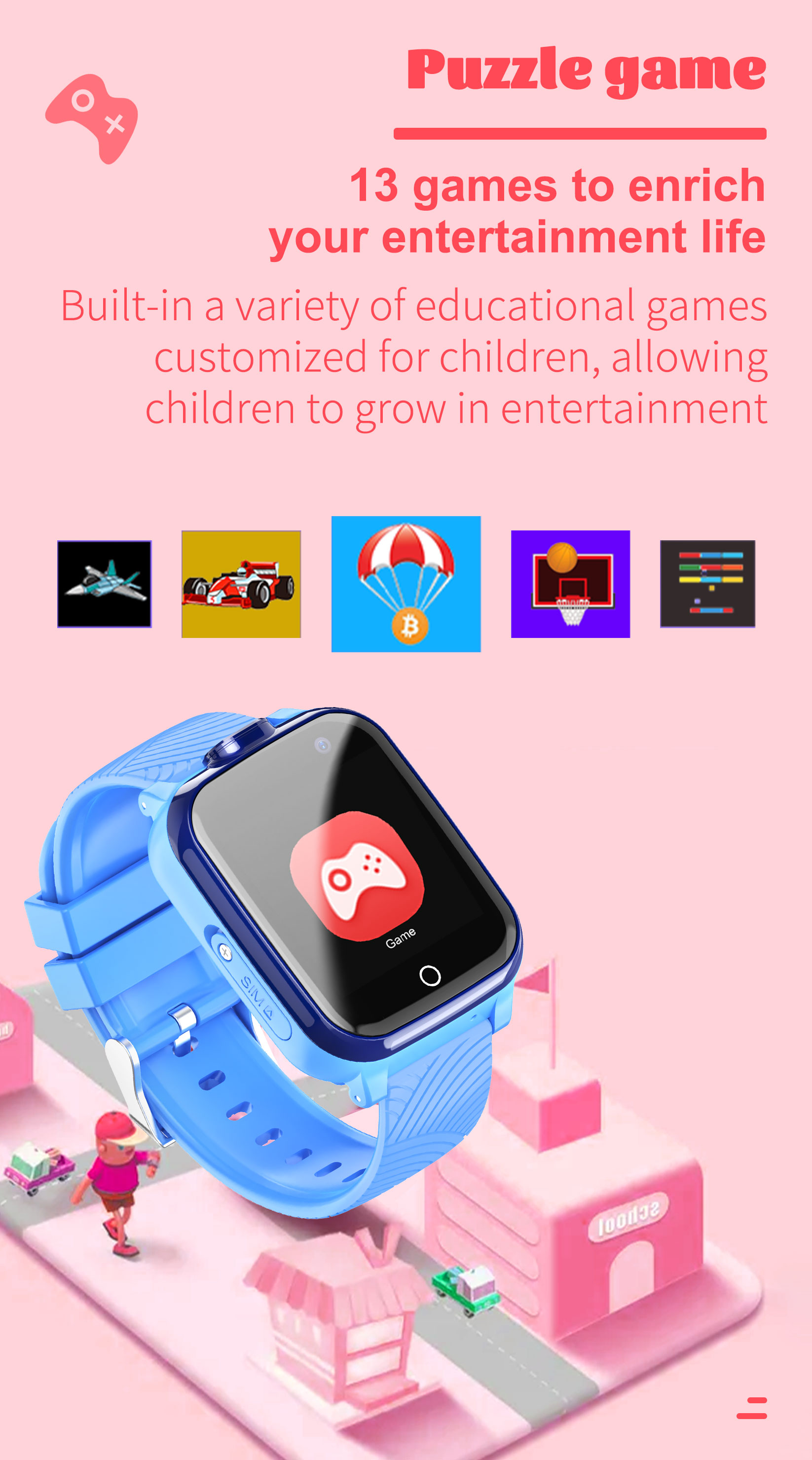 A6 kindersmartwatch, telefoonhorloge, SOS-oproeplocator, anti-verlies touchscreen smartwatch met 17 spellen, kinderhorloge cadeau voor jongens en meisjes van 3-12 jaar