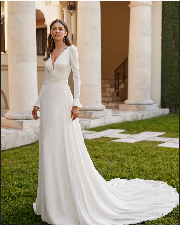 2023 Abito da donna taglie forti Abito da ballo con scollo a V Avorio Lungo in chiffon Elegante con coda a maniche lunghe Sirena Abito da ballo femminile L320