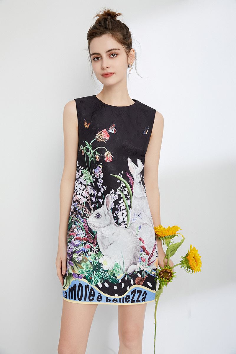 Women's Runway Dresses O Neck Sleeveless Printed Cartoon Dobby Elegant Fashion Designer A Line Vestidos