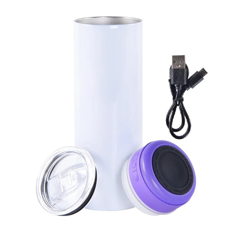 Gobelet de haut-parleur de musique à sublimation de 20 oz, tasses à café isolées sous vide en acier inoxydable à double paroi, haut-parleur Bluetooth sans fil étanche, tasses droites avec pailles