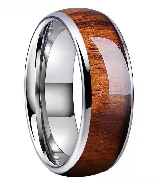 Fede nuziale in tungsteno con intarsio in legno da 8 mm, moda naturale, uomo, anello di fidanzamento in acciaio inossidabile da uomo alto lucido