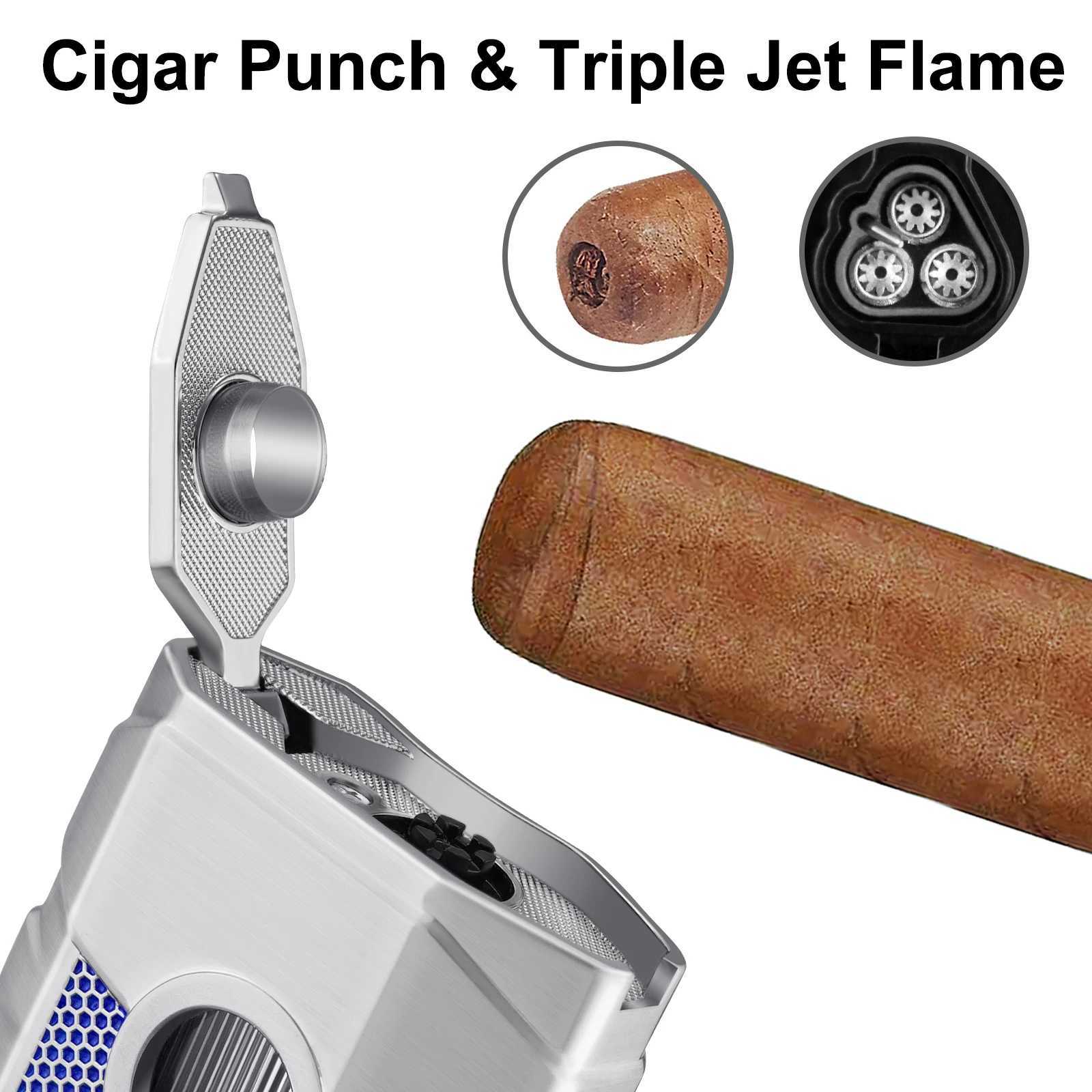 Briquet à cigares avec perforateur, flamme à Triple Jet, rechargeable, Butane, coupe-vent, cadeau pour hommes, accessoires de fumée
