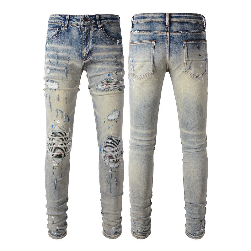 Jeans voor heren Europese en Amerikaanse high street versleten jeans met graffiti-patch met gespetterde inkt, elastische slim-fit legging