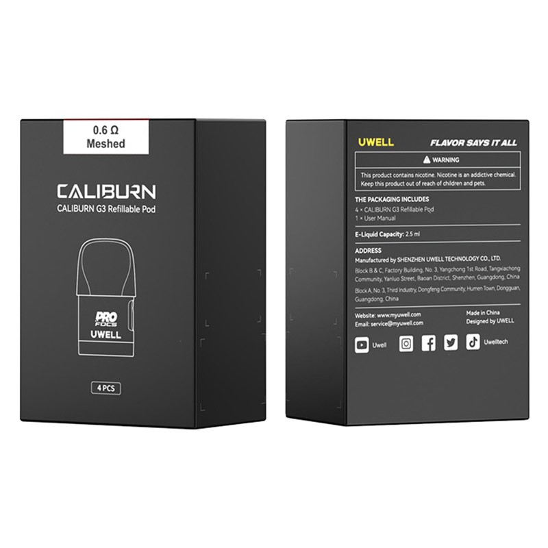 Original Uwell Caliburn G3 integrierte Spulenkartusche, 2,5 ml, seitliche Füllung, 2 ml, 1,2 Ohm/0,6 Ohm/0,9 Ohm für Caliburn G3 Pod Kit Verdampfer E-Zigarette, 4 Stück/Packung