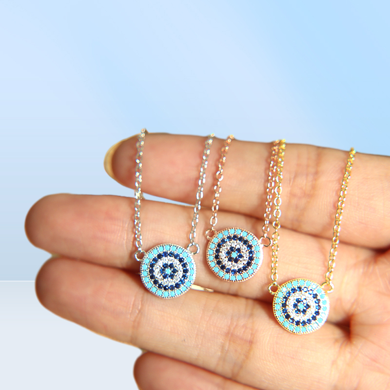 100 925 sterling silver classic necklace round disk micro pave colorful cz turquoise evil eye charm lucky girl gift chain7742756