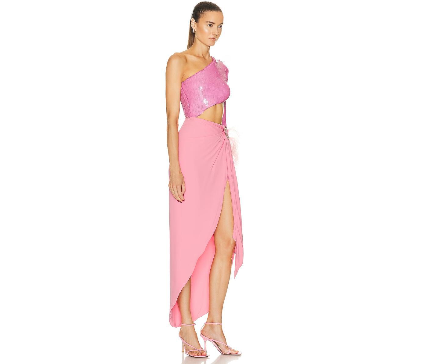 2024 Robe de mode pour femmes Robes de piste Robe à manches longues en plumes Rose longue robe de fée de bord de mer fraîche paillettes de style minimaliste