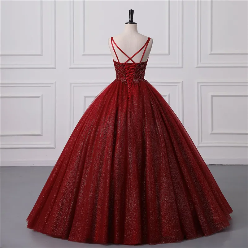 Shiny Burgundy Ball Gown Quinceanera Dresses Sexy Spaghetti Straps Backless Sequins Appliques ong Prom Evening Gowns For Teens BM3505