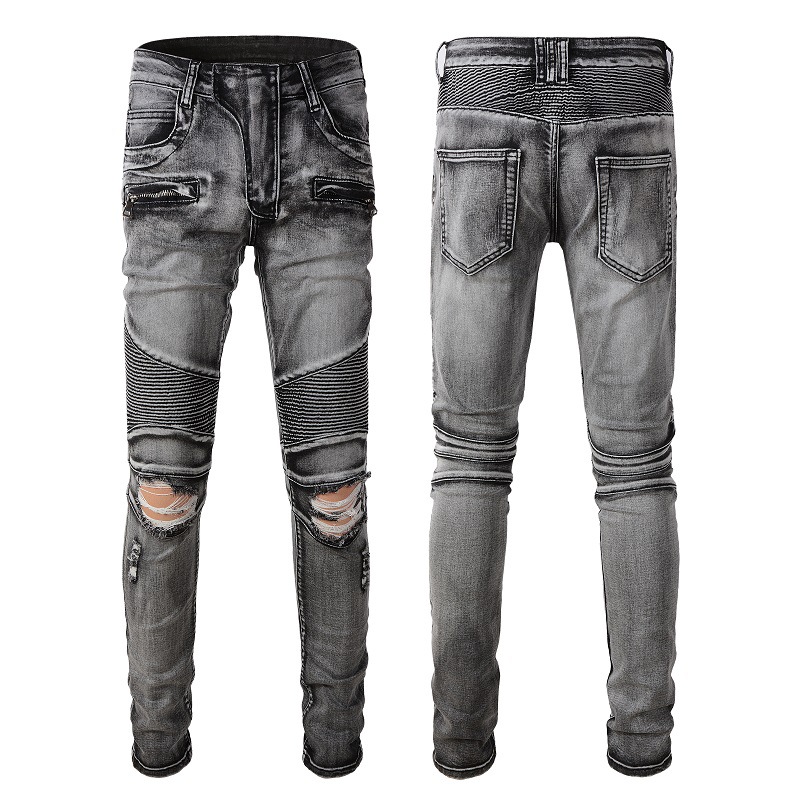 Mäns jeans chaopai high street stereoskopisk skärmotorcykel smal passform elastisk liten fotrök jeans för män
