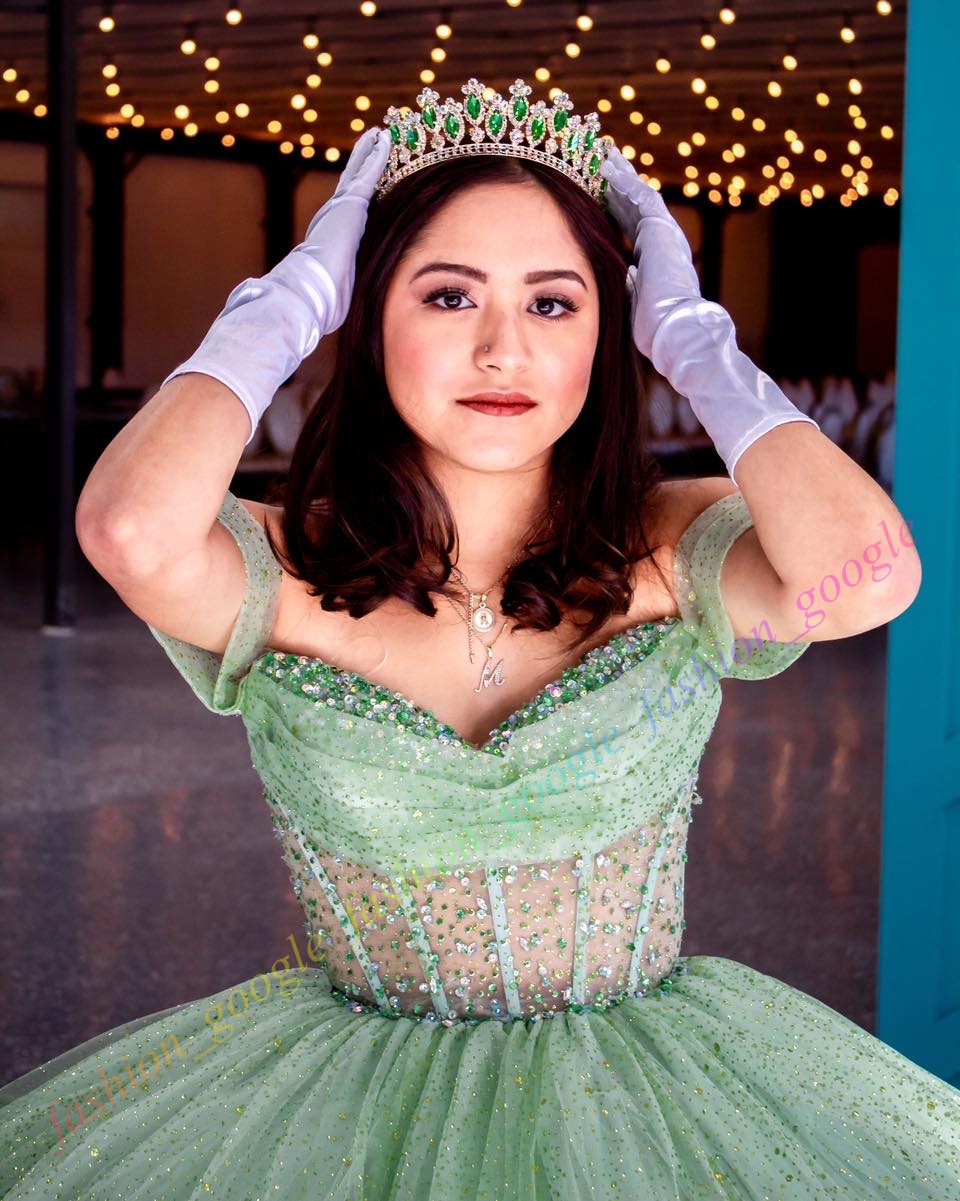 Vestido de quinceañera de tul con purpurina brillante, baile de corsé transparente, quinceañera mexicana, dulce vestido de fiesta de cumpleaños 15/16 para niña número 15, drama, gala de graduación formal de invierno, oro salvia