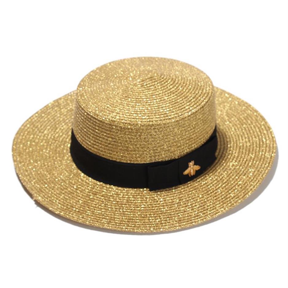 Mode-Gewebter Hut mit breiter Krempe, goldene Metallbiene, modische breite Strohkappe, Eltern-Kind-Flat-Top-Visier, gewebter Strohhut300O