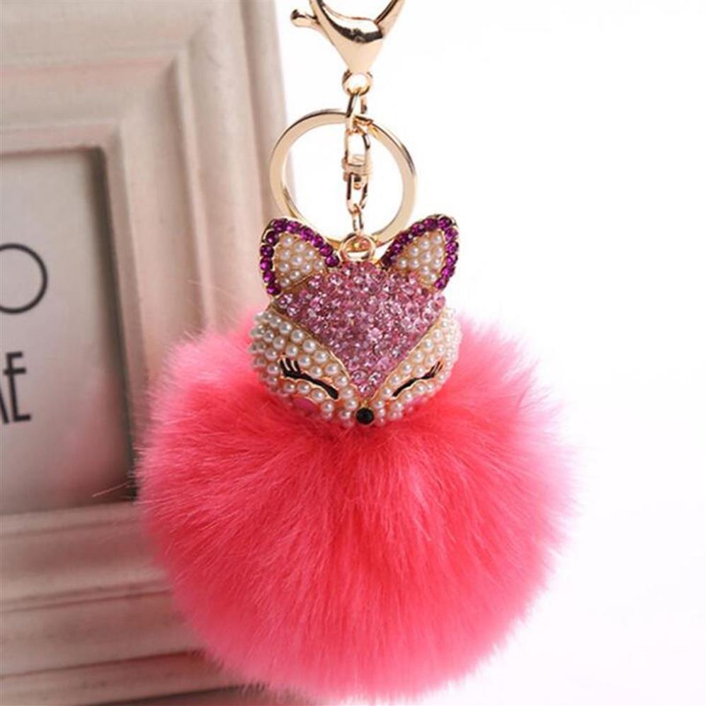 Winter Faux Rabbit Fur Ball Keychain med Rhinestone Gox Head Keyring Pompom Fluffy Key Chains Crystal for Women256U