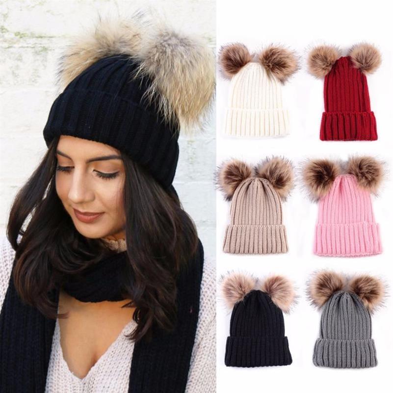 Gorro con pompón de piel doble, gorro cálido de invierno con pompones para mujer y niña, gorros tejidos de ganchillo, marca gruesa Female183f