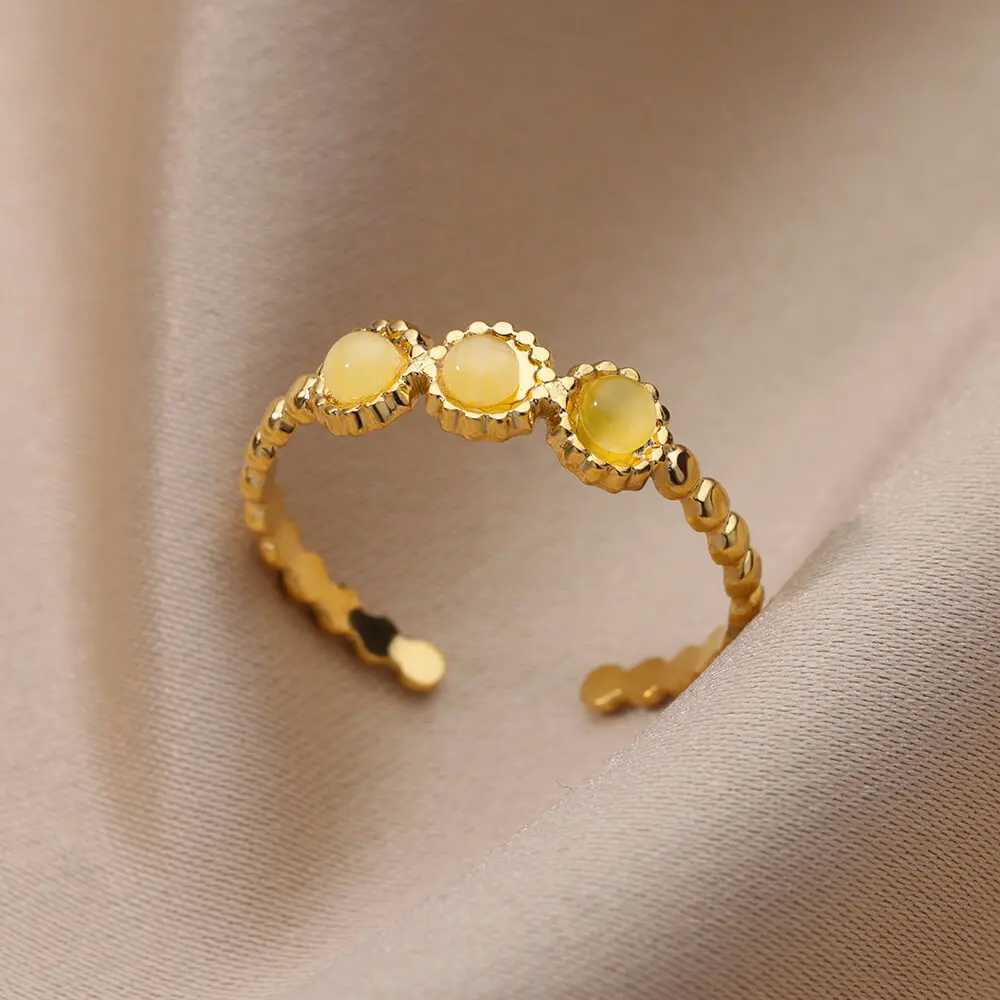 Anelli di nozze anello di pietra gialla geometrica donne inossidabile colore oro in oro anello di pietra regolabile ad anello di matrimonio estetico gioiello bijoux femme