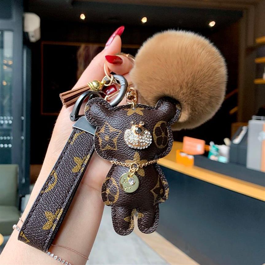 Designer nyckelring björn läder päls boll charm nyckel kedja bil hänge metall mode personlighet kreativt par rutigt variation av250q