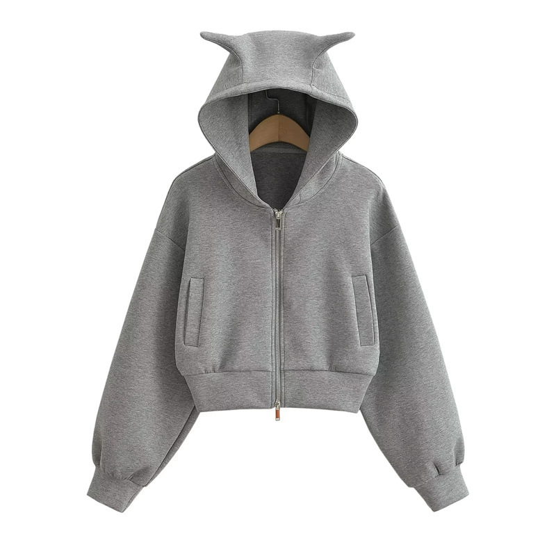 Piccola felpa con cappuccio Little Devil con cappuccio alla moda fresca Autunno e inverno Nuovo cardigan con zip corta tinta unita da donna