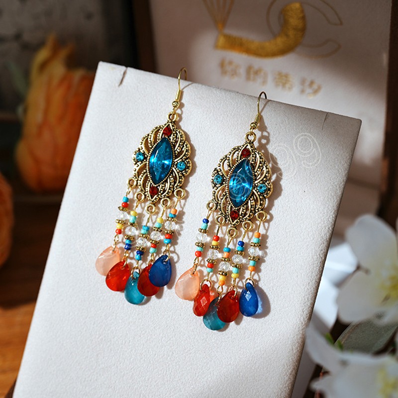 New Bohemian Ethnic Colorful Water Drop Tassel Earrings for Women Long Hollow Antique Gold Color Dangle Earring Pendientes Mujer