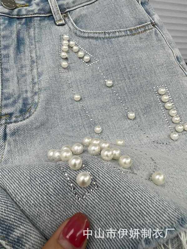 Women's Shorts Designer South Oil Jeans 23 Summer New High Waist Slim Pearl Beaded Letter Style Denim for Women 607R