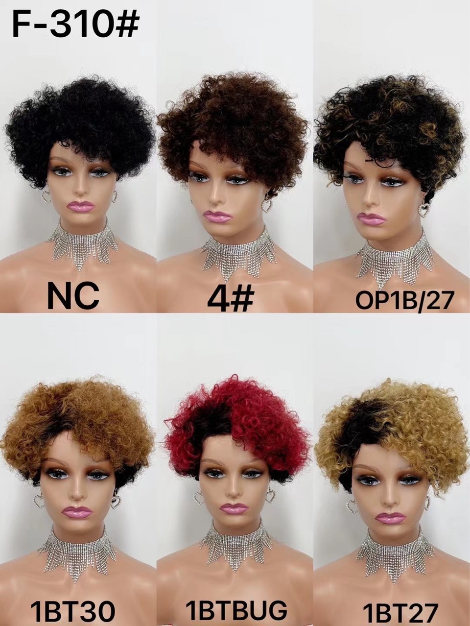 Short Kinky Curly Pixie Cut Wig With Bangs Ombre Color Human Hair Machine Made Lace Wigs For Women