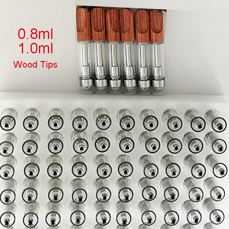 Carrinhos de madeira Vape Cartuchos Vazios 1ml 0.8ml Atomizadores de óleo grosso E-cigarro Parafuso plano em pontas Tanque de vidro Bobina de cerâmica 510 fios Atomizador de madeira Embalagem com logotipo personalizado