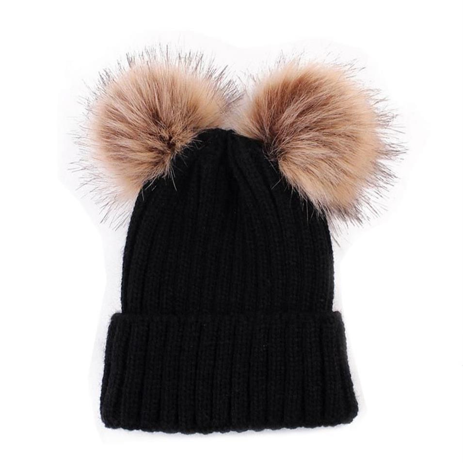 Chapeaux d'hiver tricotés en fourrure à deux pompons pour femmes, Bonnet en fausse fourrure, mignon, en laine, chaud, Gorro Bonnet Femme231J