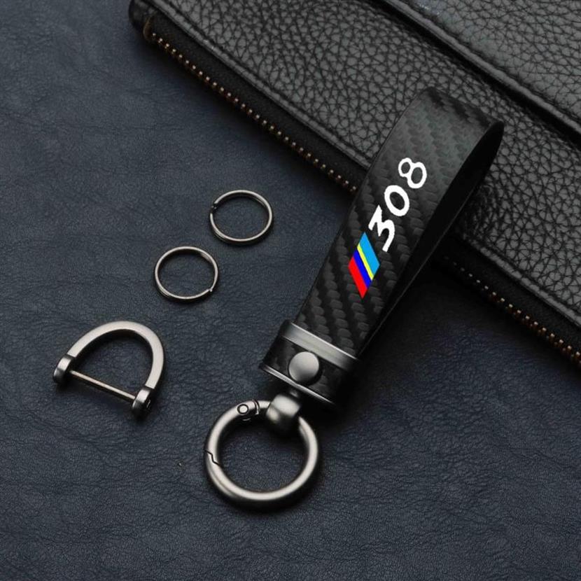 Keychains High-Grade Carbon Fiber Pattern Car Keychain Logo Custom Keyring For Peugeot 308 407 508 2008 3008 AccessoriesKeychains329M