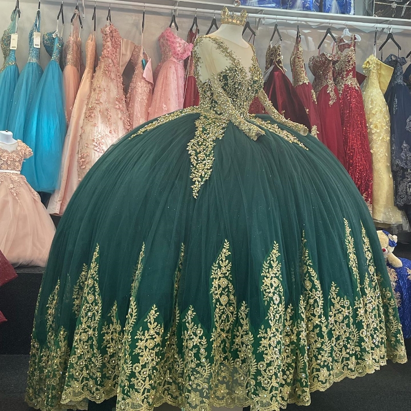 Magnifiques robes de Quinceanera vertes avec des appliques dorées en dentelle, robe de bal à manches longues, princesse, fête d'anniversaire, douce 16 robes de 15