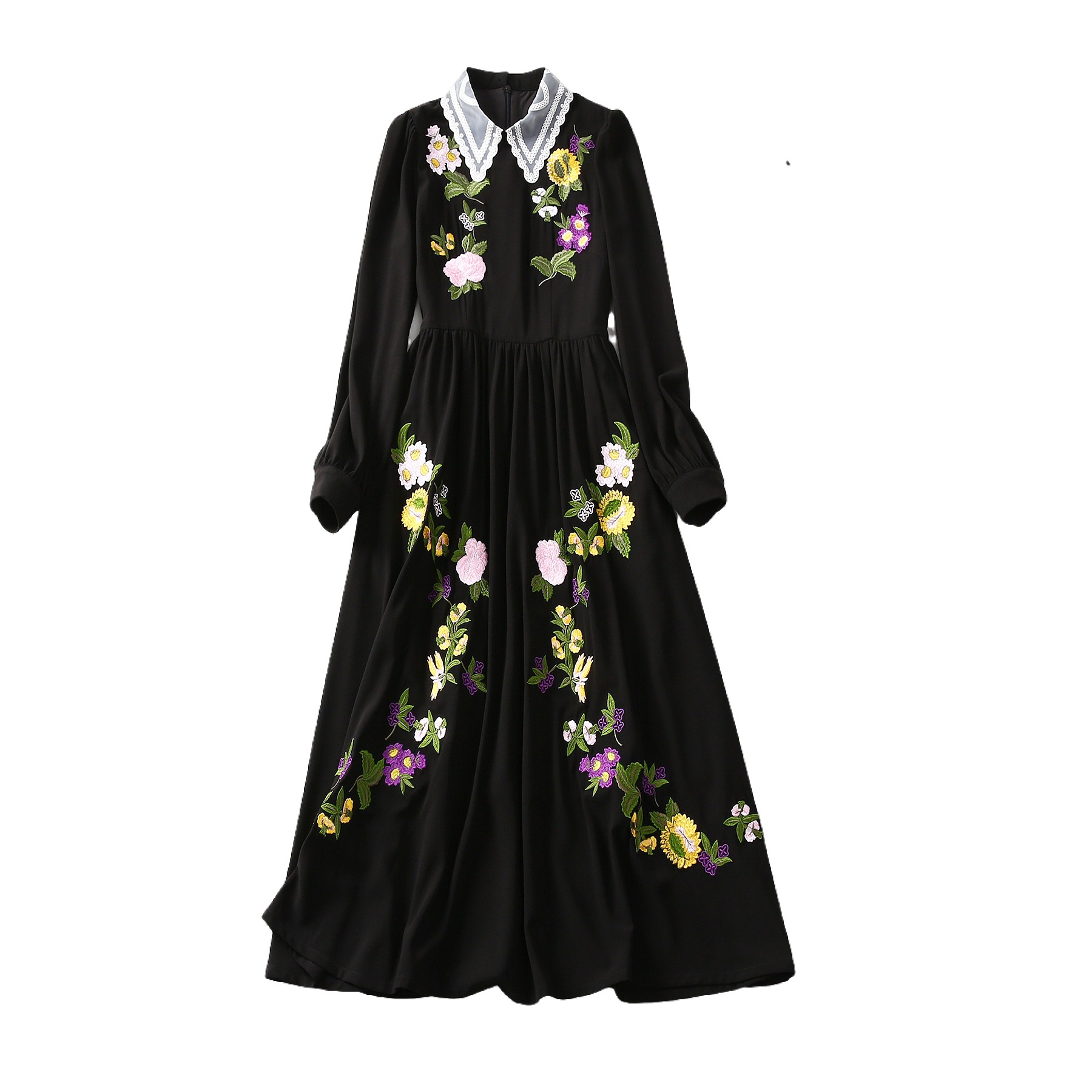 2024 Primavera Vestido bordado con estampado negro Manga larga Cuello de solapa Vestidos casuales midi con paneles S3D041130