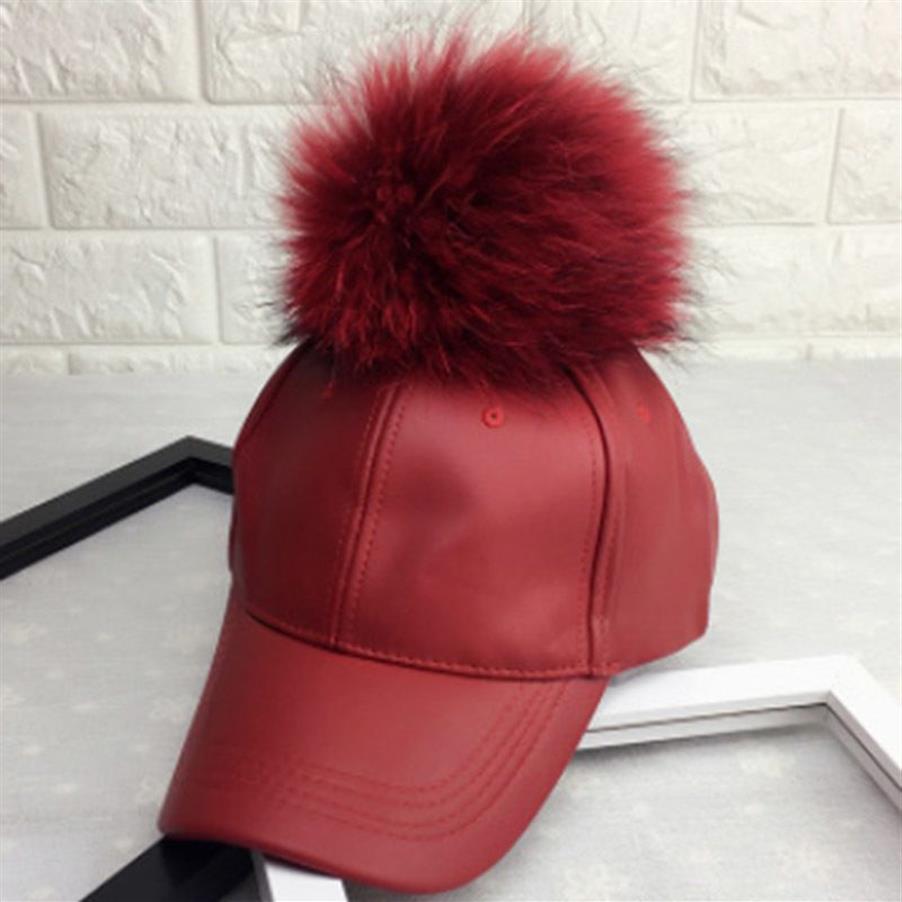 MAERSHEI Women Fashion Real Fur Baseball Cap Warm Casual Sweer Girl Hat Snapback Pom Pom Cap Leather Hip Hop Bone Caps Y2007142506