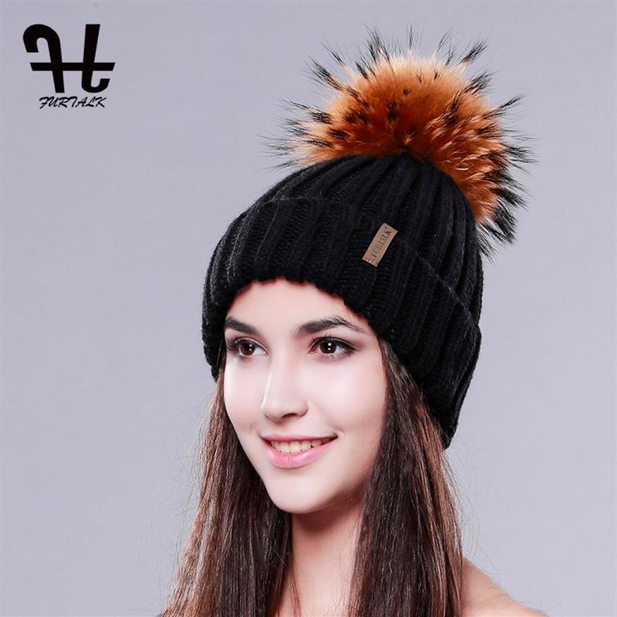 Whole- Furtalk Knitted Real Fur Hat 100% Real Raccoon Fur Pom Pom Hat Winter Women Hat beanie for women335C