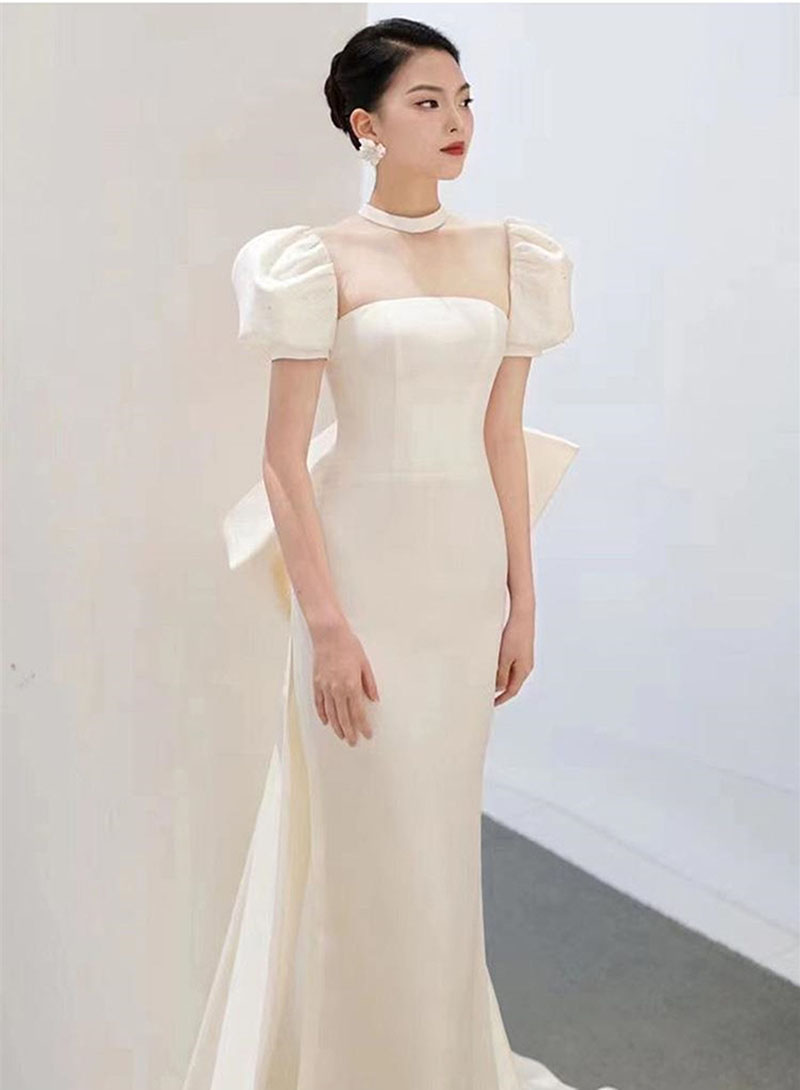 Franch Meerjungfrau-Hochzeitskleider, Illusionsmieder, kurze Ärmel, Applikationen, Schleife, saudi-arabische Brautkleider mit abnehmbaren Schleppknöpfen