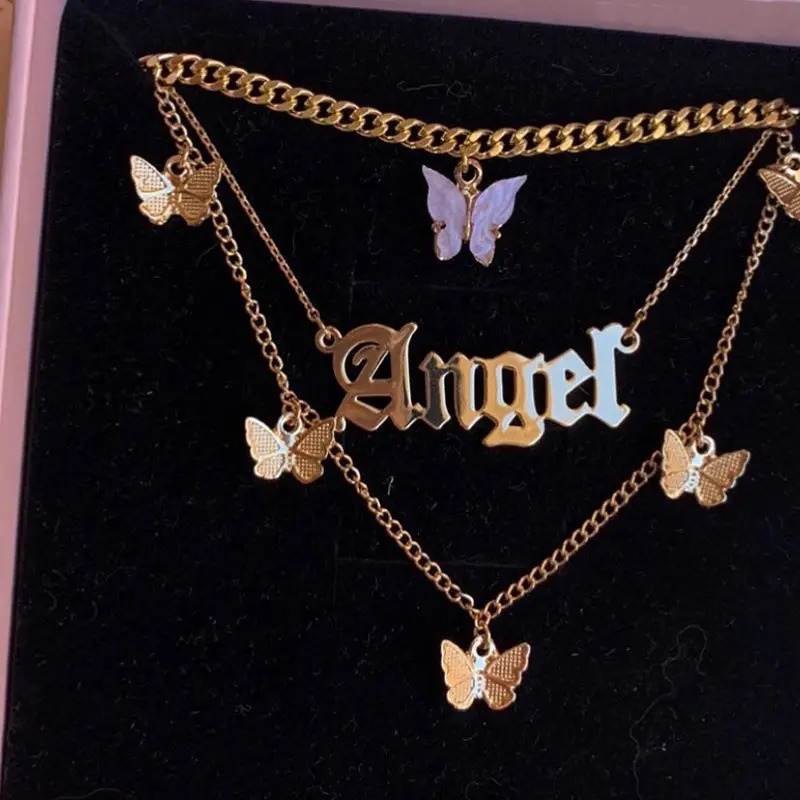 Pendant Necklaces Multi Layer Butterfly Dragon Charms Crystal For Women Punk Golden Angel Letter Clavicle Chain Hiphop Gifts Jewelry 231208