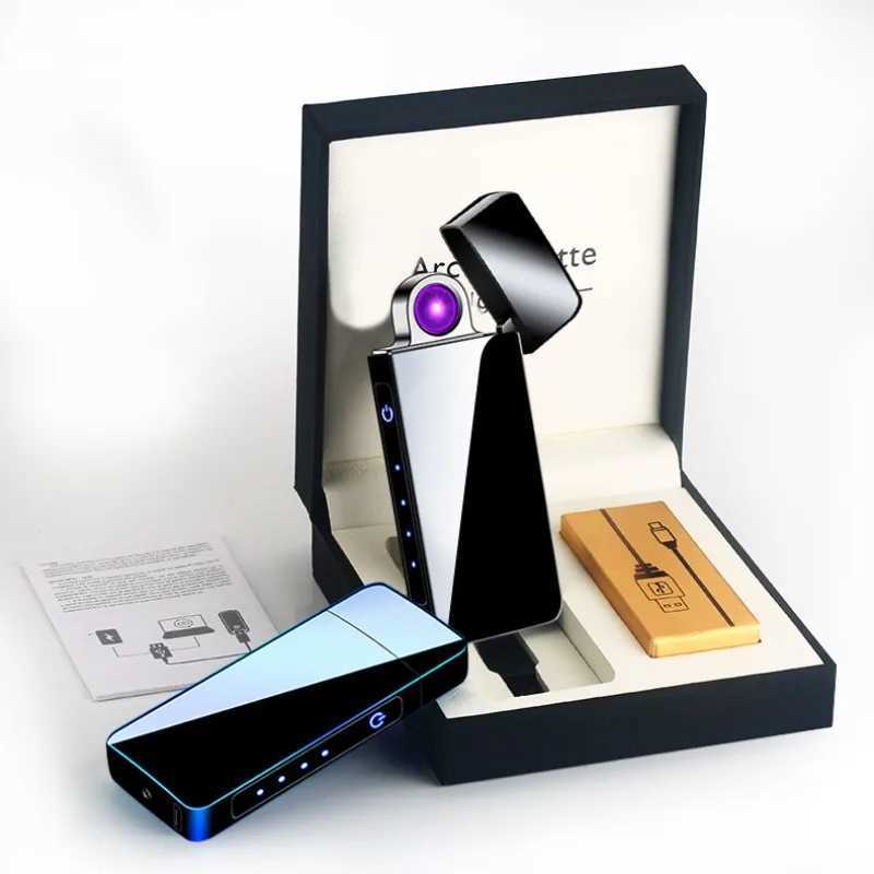 Metal Outdoor Windproof Plasma USB Rotating Arc Lighter Touch Sensing LED Display Electric Personalized Men's Gift