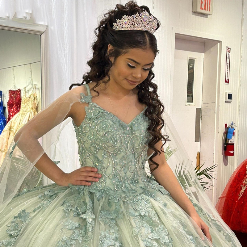 Sweet 16 Sage Green Princess Quinceanera Dress With Cape Lace Bow Crystal Beading Ball Gown Vestidos De 15 Anos Corset