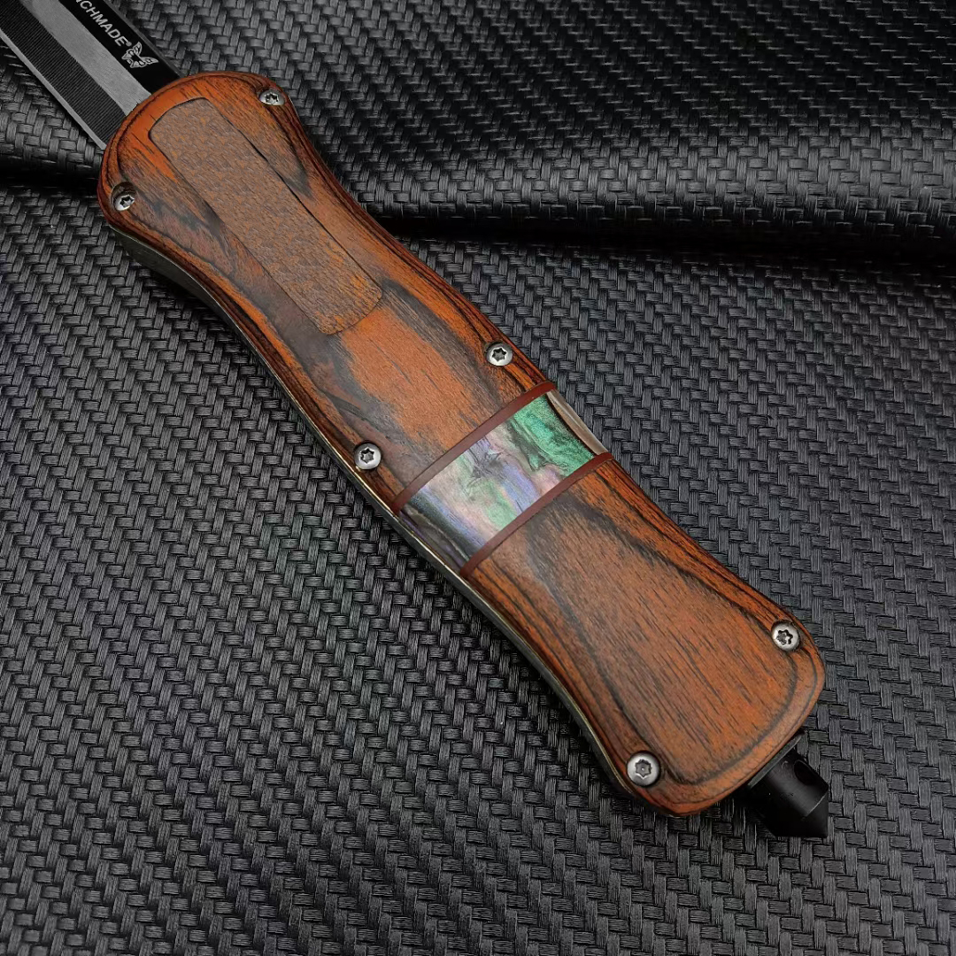 Coltello BM A019 OTF AUTO Lama in acciaio D2, lega di alluminio di zinco + legno di sandalo + manici a conchiglia colorata, coltelli da autodifesa da combattimento tattico esterno Strumento EDC