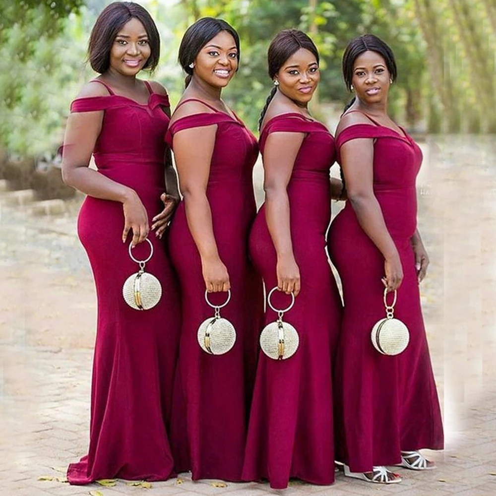 Nigeria South Africa Bridesmaid Dresses Long Mermaid Sexy Off The Shoulder Maid Of Honor Gowns Burgundy Satin Elegant Plus Size Wedding Guest Prom Party Dress CL3023