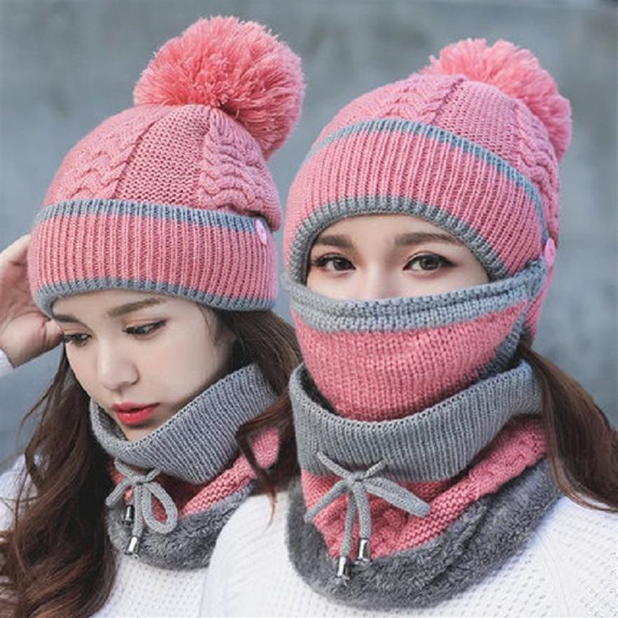 Mulheres Chapéu Cachecol Conjuntos de Inverno Cap Máscara Gola Proteção Facial Meninas Tempo Frio Acessório Bola De Malha Wool1875